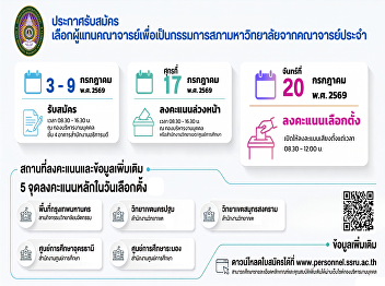 ประกาศรับสมัครเลือกผู้แทนคณาจารย์เพื่อเป็นกรรมการสภามหาวิทยาลัยจากคณาจารย์ประจำ
ตั้งแต่วันที่ 3 - 9 ก.ค.69